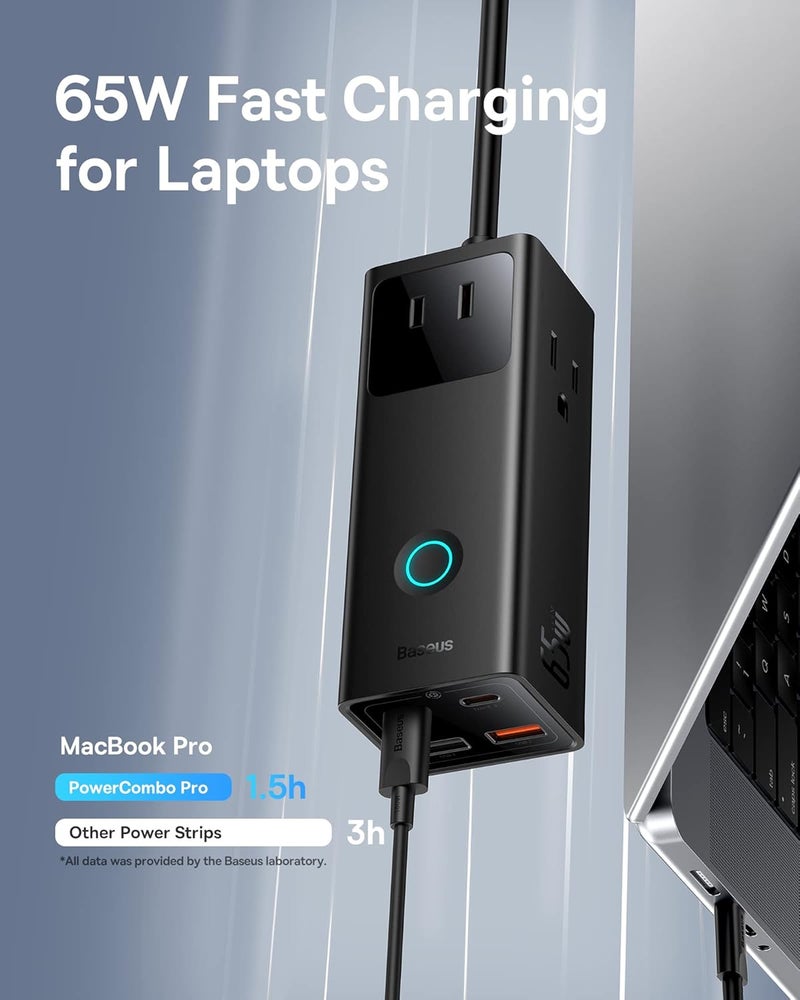 Baseus موزع طاقة مع واقي من زيادة التيار 1200J - شاحن USB C PD65W مع كابل تمديد يحتوي على 3 مآخذ AC و 4 منافذ USB لشحن سريع محطة شحن للمكتب وغرفة النوم والمنزل - Image 3